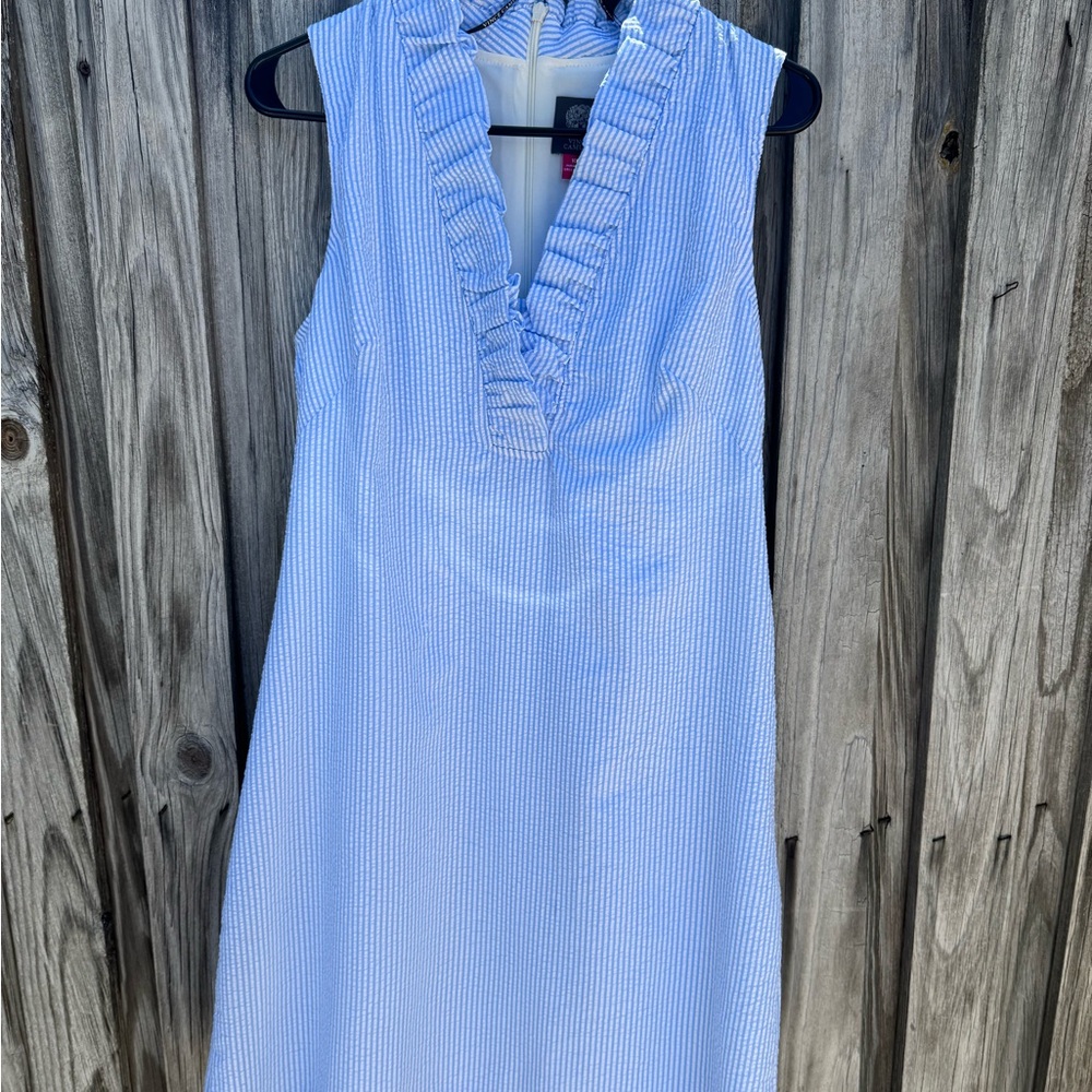 Vince Camuto Sleeveless Light Blue Ruffled V-Neck Women's Dress
